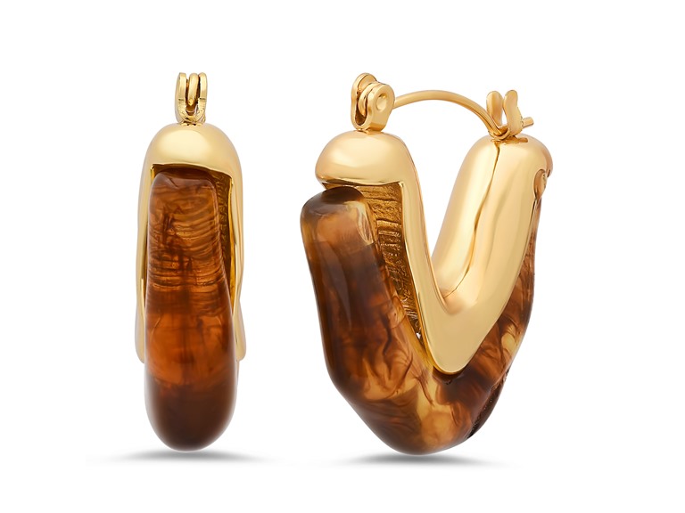 18K Gold Brown Resin Hoop Earrings