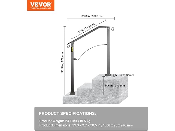 Handrails for Outdoor Steps, Fit 2 or 3 Steps