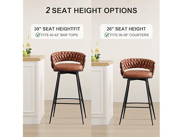 BV Counter Height Bar Stools Set of 2, 26 inch Seat Height Bar Stools, 180° Swivel Barstools with Woven Back and Footrest, Suede Fabric Counter Stools for Kitchen Island, Bar Pub (Open Box)