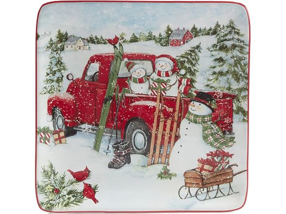 Red Truck Snowman 8.5" Salad/Dessert Plates, Set of 4