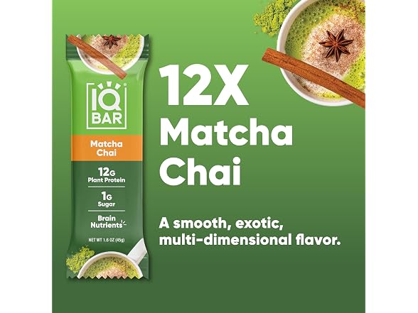 24CT IQBAR Clean Plant Protein Bars - Matcha Chai