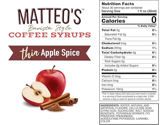 1CT Matteo's Apple Spice Syrup for Coffee, Lattes 33.8 oz