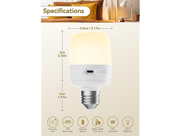 Minetom E26 Rechargeable Light Bulbs 4 Pack