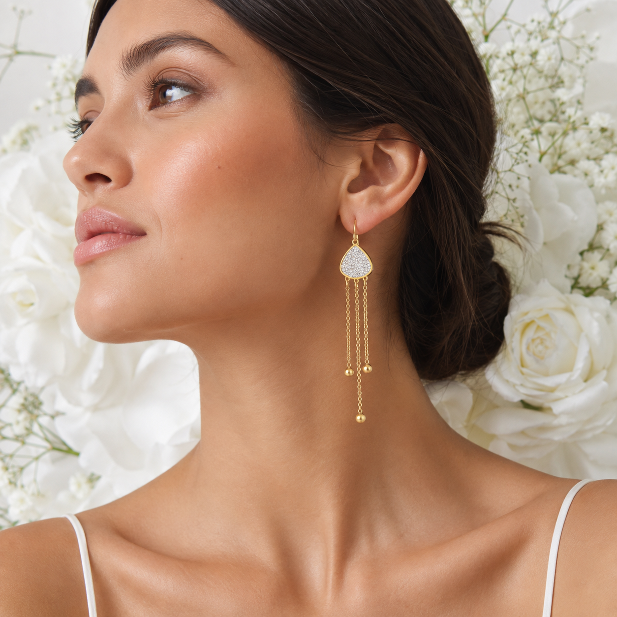 18K Gold CZ Teardrop Chain Earrings - Gallery 5