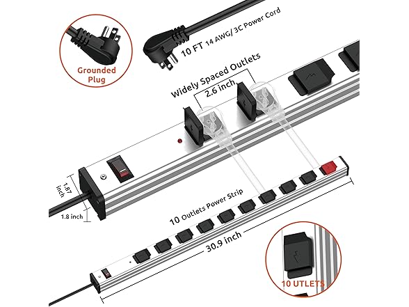 Link2Home Heavy Duty Power Strip,10ft