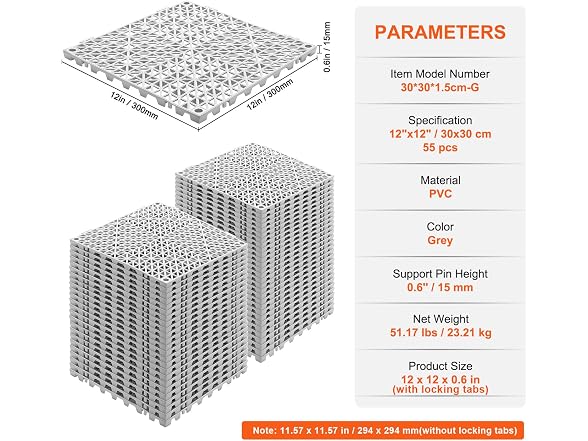 Interlocking Tile 55PCS Grey, Drainage Tiles 12"