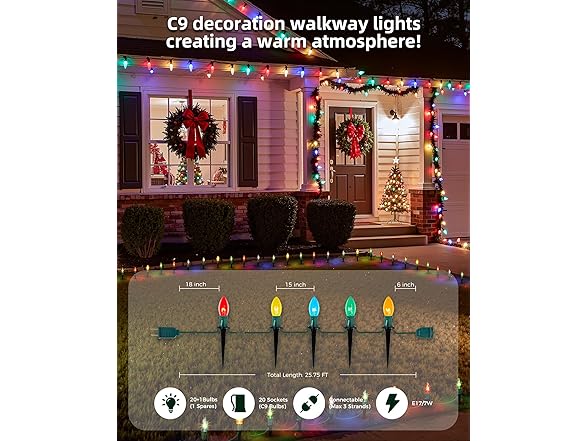 Brightown C9 Christmas Pathway Lights Outdoor, 25.7ft