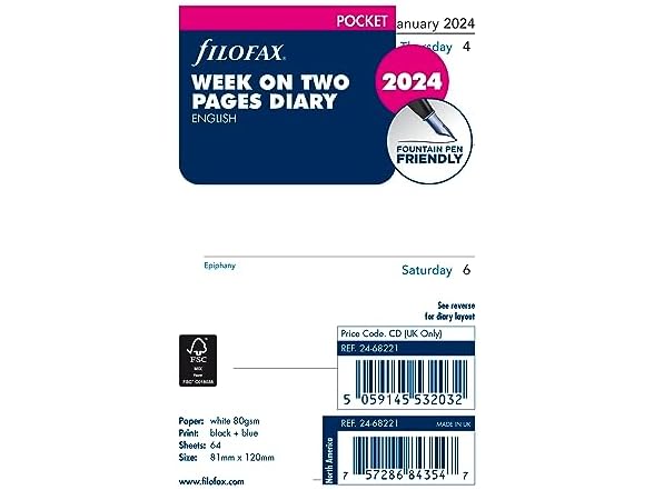 Filofax Calendar Diary Refill, Pocket Si