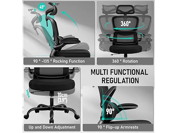 BESTFAIR High Back Ergonomic Office Chair, Breathable Mesh Desk Chair with Lumbar Support, Adjustable Headrest, Flip-up Armrests, Computer Gaming Chair, (Black) (Open Box)