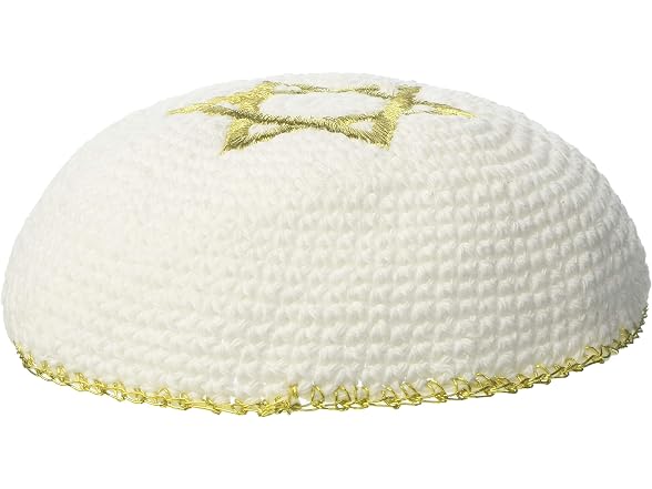 17 cm. White Wool Knitted Kippah with Gold - Gallery 2