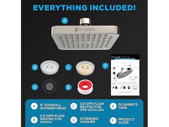 6" Square High Pressure Rain Shower Head