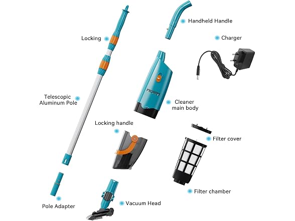 Handheld Pool Vacuum Cordless w/ Pole