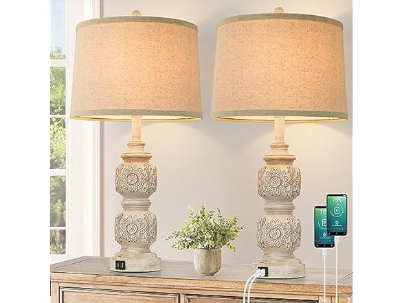 VerRon Carved Floral Lamps with USB Ports
