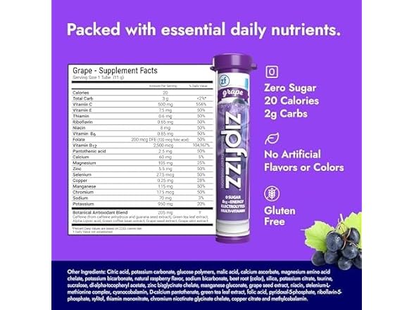 Zipfizz Daily Energy Drink Powder, Grape, 20 Pack