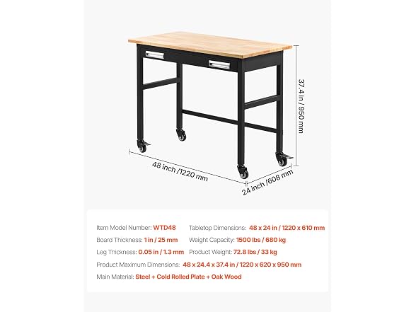 48-inch Workbench, 1500 lbs Load Capacity