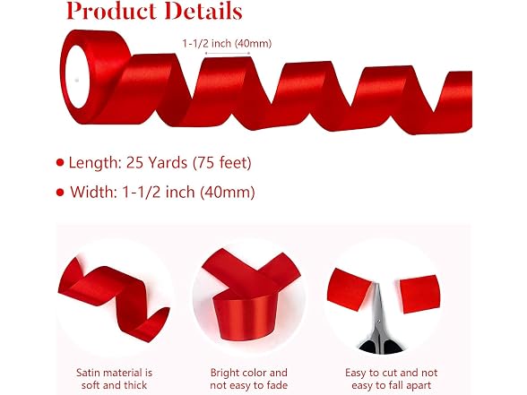SUTOUG Red Satin Ribbon 1-1/2 Inch x 2 Rolls