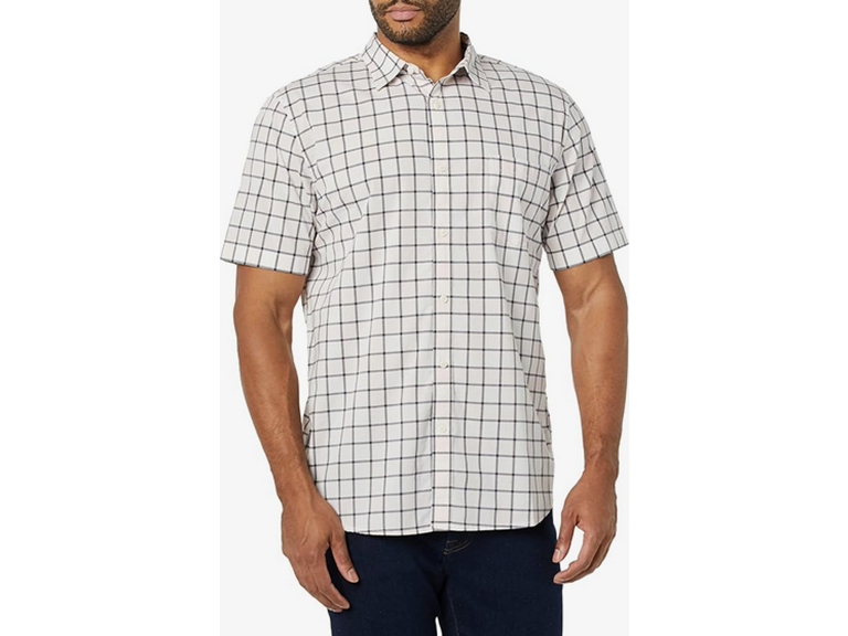 Amazon Essentials Men's Slim-Fit Short-Sleeve Poplin Shirt, Pink White Buffalo Plaid, Large