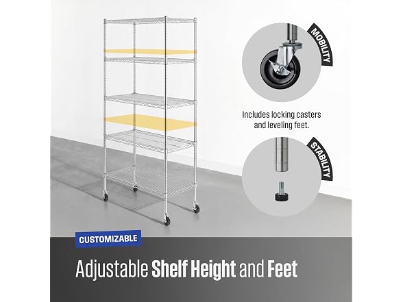 SafeRacks NSF 5-Tier Steel Wire Rack w/Wheels (18"x36"x72")