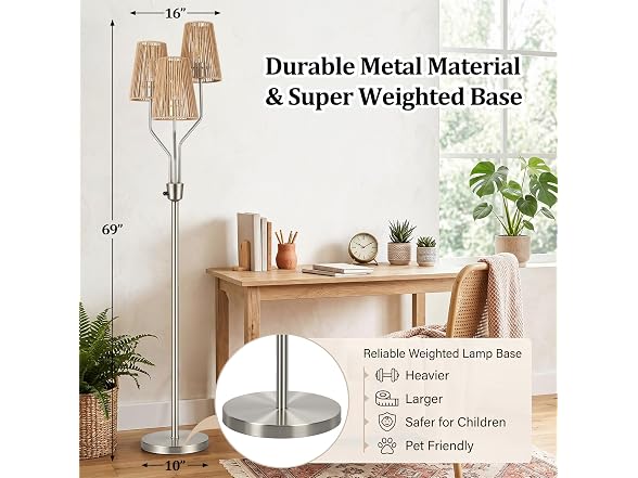 Bairth  Boho Floor Lamp, Farmhouse Rattan 3-Light