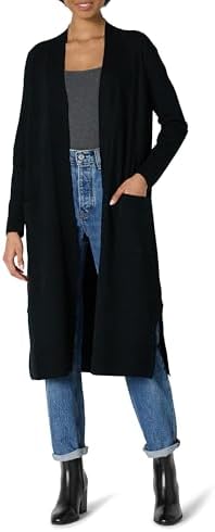 Amazon Essentials Women's Regular Fit Lightweight Duster Length Cardigan Sweater, Black, Small