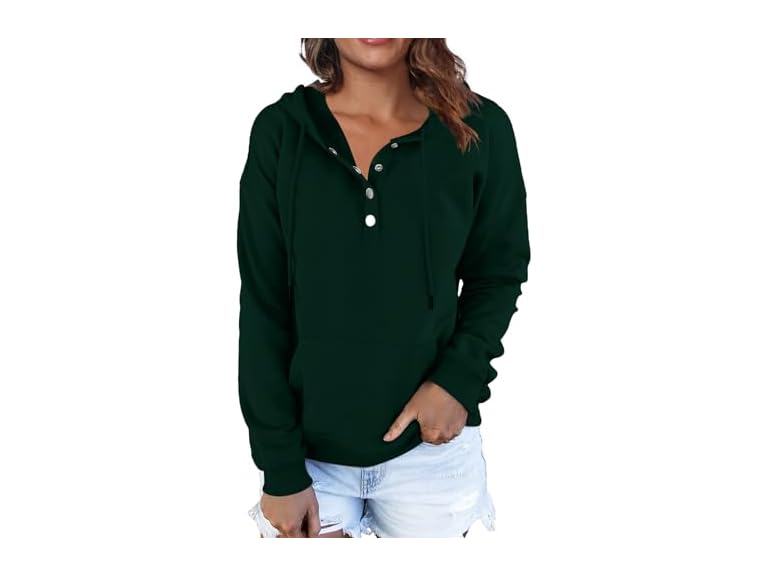 FKEEP Women Hoodies Casual Button Down Sweatshirt Drawstring Long Sleeve Pullover Fall Winter Clothes with Pockets Dark Green