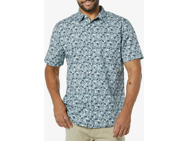Amazon Essentials Men's Slim-Fit Short-Sleeve Poplin Shirt, Blue Floral, Large