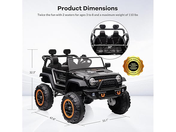 Hipicute 24V 2 Seater Kids Ride On Car, 4 Wheeler Truck Black