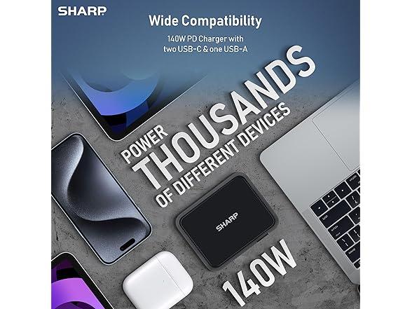 Sharp 140W GaN Foldable 3-Port USB-C Charger