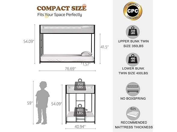 LIFE SKY Bunk Bed Twin-Over-Twin for Kids