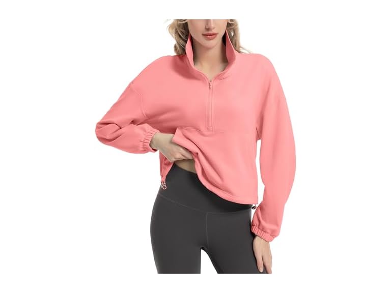 FKEEP Quarter Zip Pullover Women Cropped Sweatshirt Long Sleeve Crop Top Stand Collar Drawstring Casual Pullover zPink b L