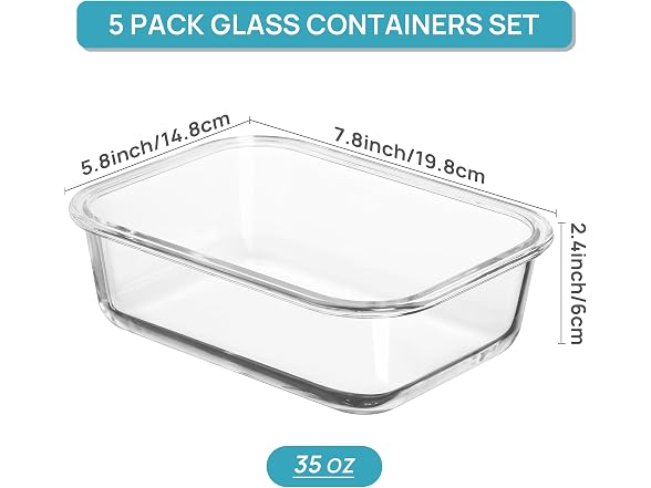 Vtopmart Grey 5 Pack 35oz Glass Containers W/ Lids - Gallery 2