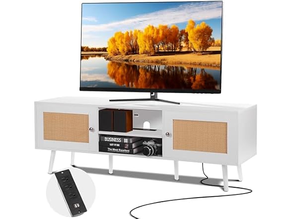 Rattan TV Stand for 65 inch TV, Boho TV Stand