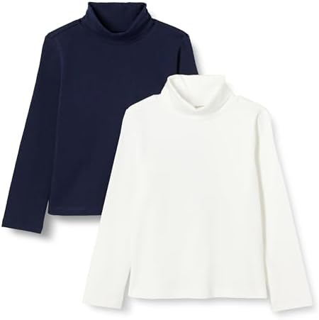 Amazon Essentials Girls' Turtleneck T-Shirt, Pack of 2, Ivory/Navy, Large