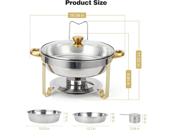 Set of 2 Gold 5QT Stainless Steel Round Chafing Dishes 