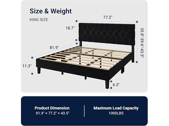 Avenco King Size Bed Frame, Upholstered Platform Bed Frame