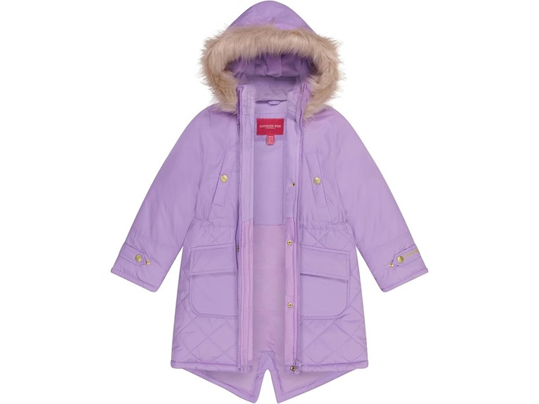 LONDON FOG Girls' Zip-Front Mid Cinch Quilted Parka with Cozy Trimmed Hood, Lilac
