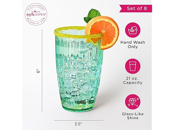 Kate Aspen Teal Fluted Plastic Drinking Glasses Set of 8