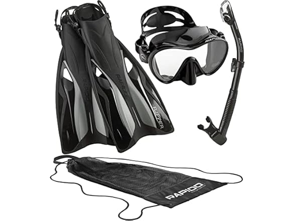 Rapido Boutique Collection Italian Design Premium Tempered Glass Lens Anti-Fog Panoramic View Frameless Snorkel Mask, Elite Dry Snorkel Tube, Mask Fin Snorkel Set (Black, S/M, 6-9 / EU: 38-42)