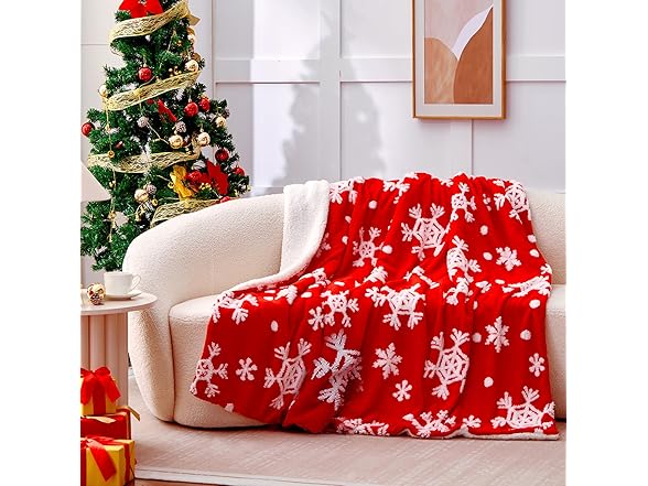 RILIHO Red Sherpa Snowflakes Blanket