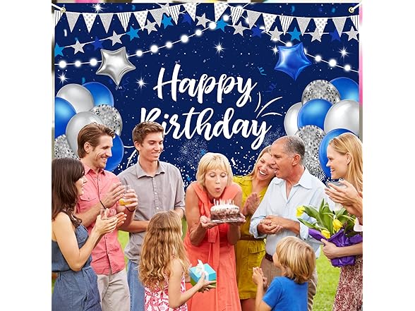 Navy Blue & Silver Happy Birthday Backdrop