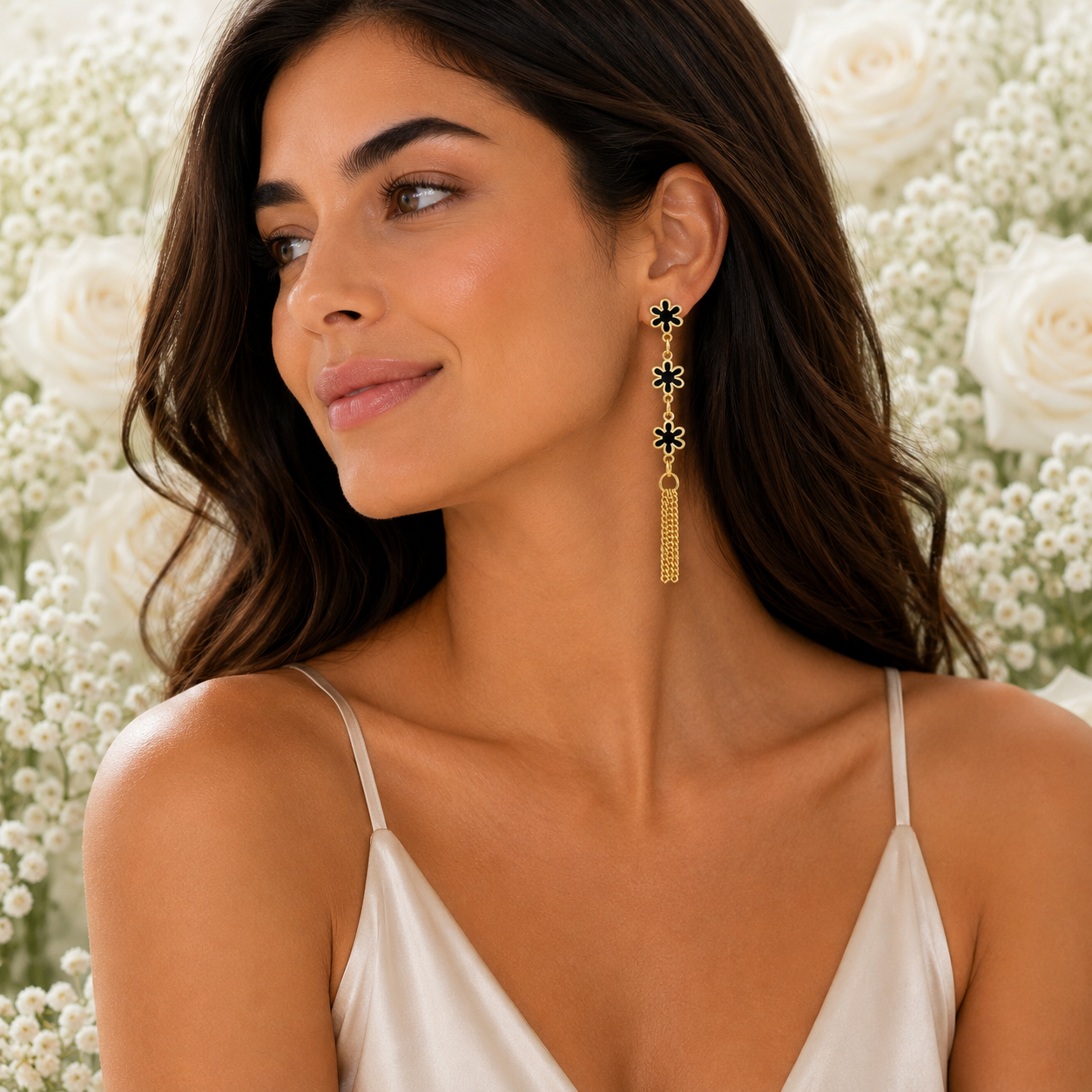 18K Gold Black Flower Tassel Earrings - Gallery 4