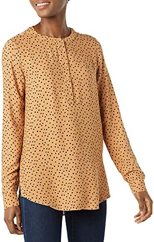 Amazon Essentials Women's Long-Sleeve Woven Blouse, Black Camel Dots, X-Small