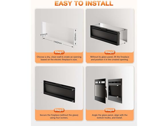 Electric Realistic Fireplace Heater 60In 750-1500W