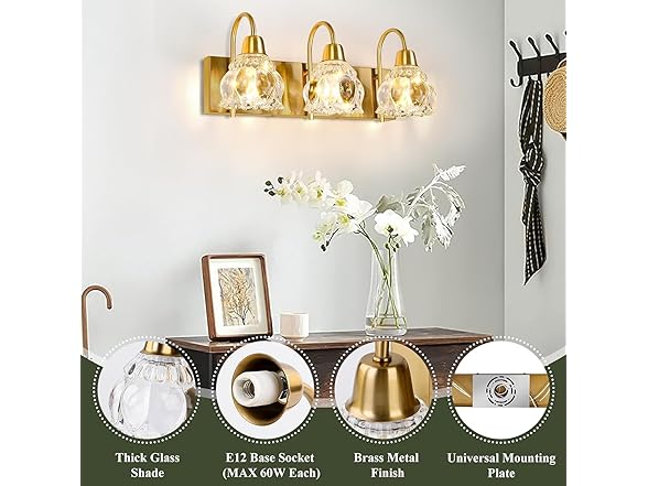 Yochoice 3-Light Gold Bathroom Light Fixtures
