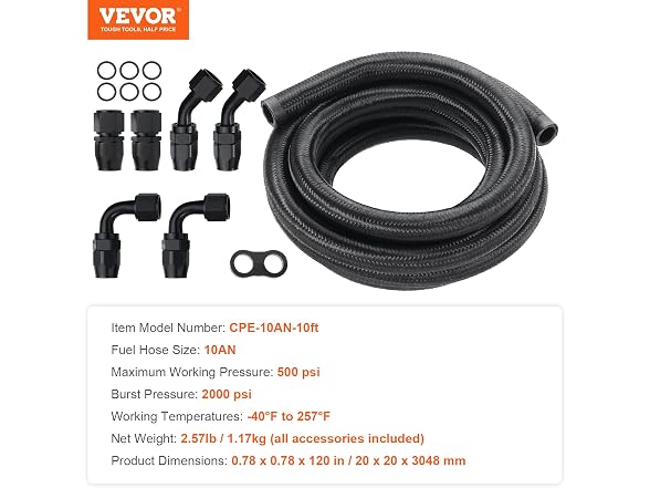 10AN Fuel Line Kit, 10 FT Fuel Hose Kit, 0.55"