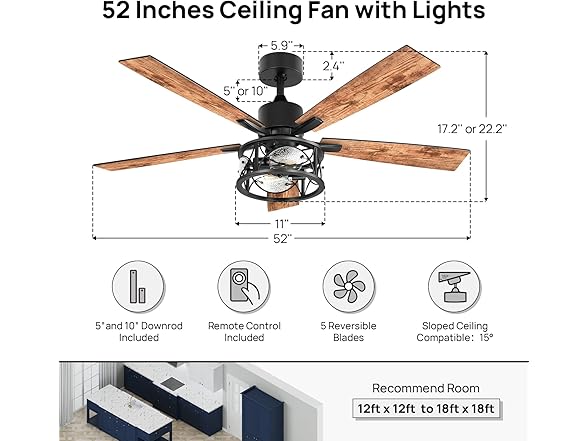 Consciot Ceiling Fan With Lights, 52 Inc