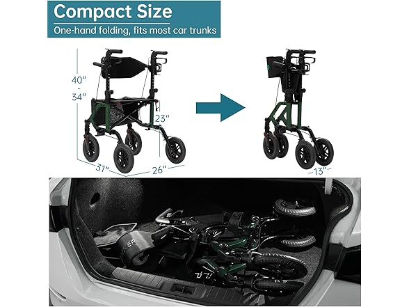 ELENKER All-Terrain 2 in 1 Rollator Walker & Transport Chair, Folding Wheelchair with 10” Non-Pneumatic Wheels for Seniors, Reversible Backrest & Detachable Footrests, Green (Open Box)