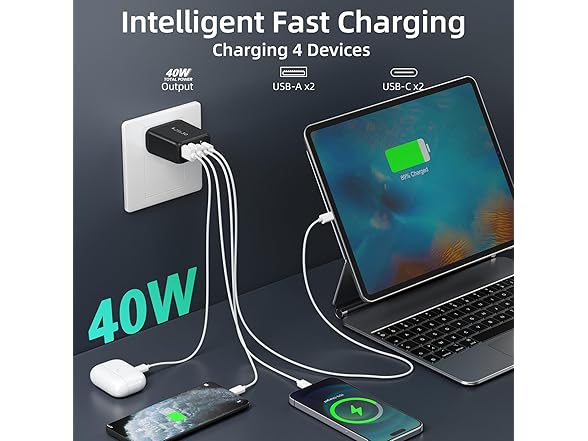 (2 PACK) Kuewtya 4-Port 40W USB-C & USB-A Power Adapter