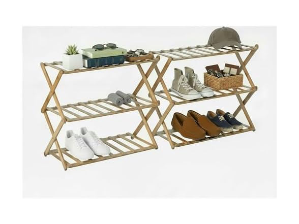Basicwise Set of 2 Foldable Bamboo Shoe Rack 3 Tier