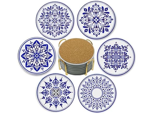 Coasters with Holder,Blue and White Style